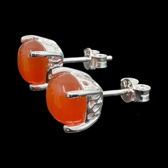 Natural Carnelian Cabochon Stud Earrings 925 Sterling Silver Handmade - Picture 3 of 5